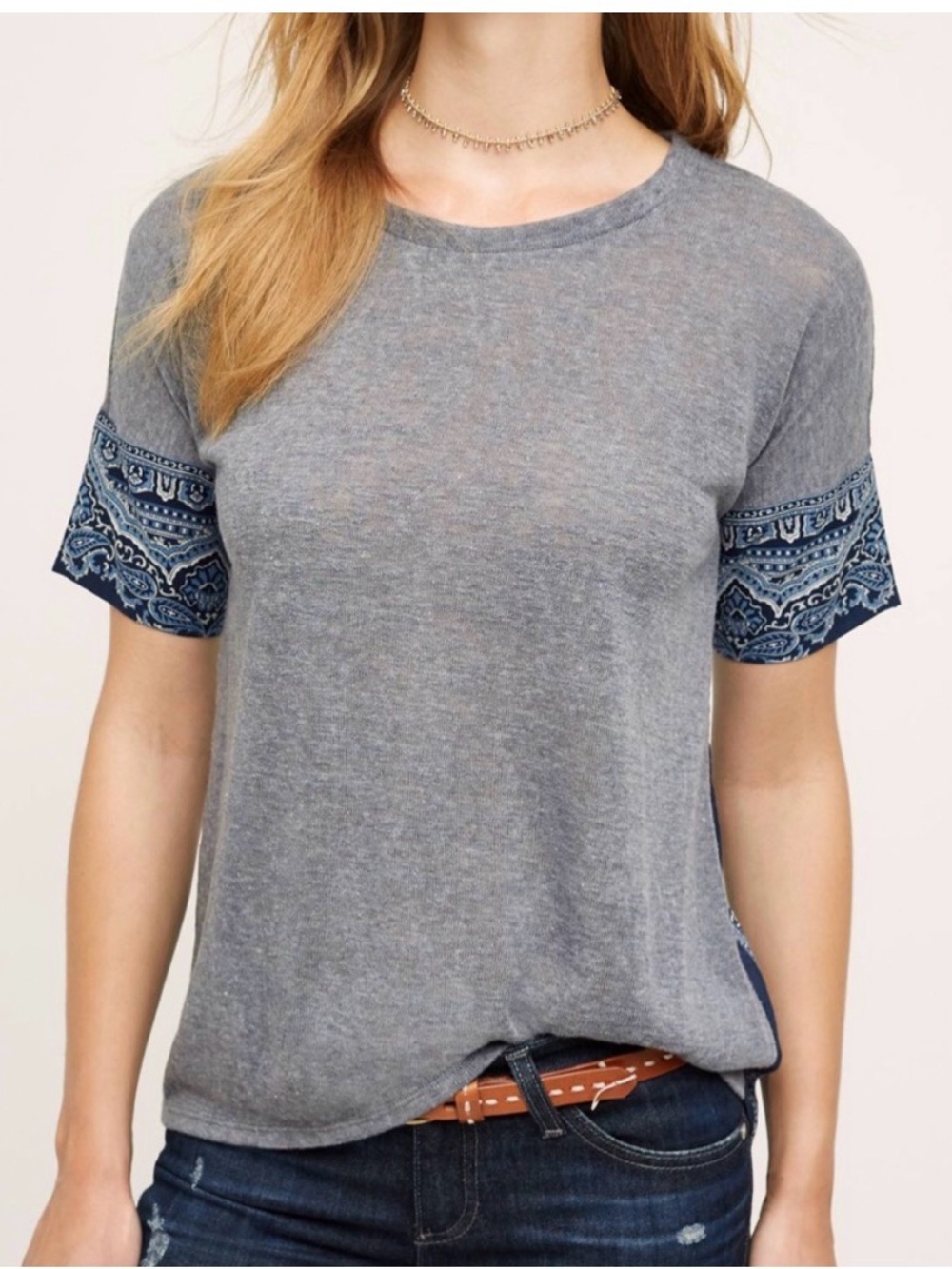 Women's Heather Gray Tee with Blue Patterned Sleeve Cuffs